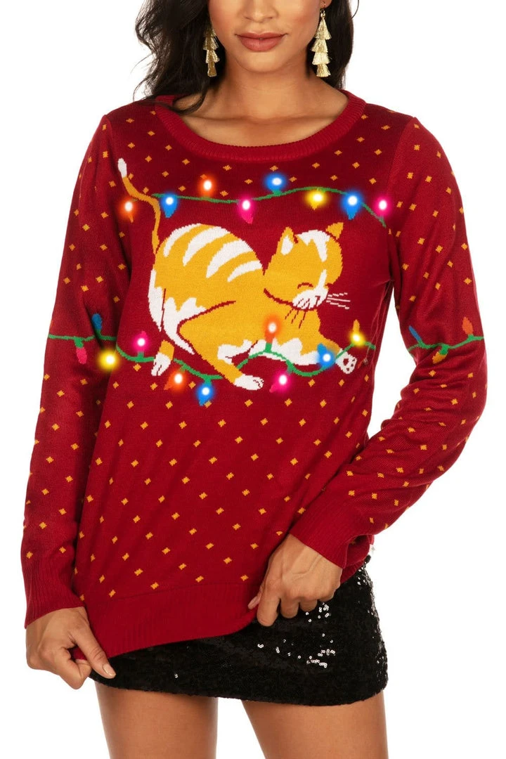 Tipsy Elves Women's Cat-itude Light Up Ugly Christmas Sweater 3 Tipsy Elves Women's Cat-itude Light Up Ugly Christmas Sweater
