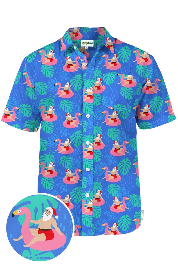 Tipsy Elves Men's Santa Pool Party Button Down Shirt 3 Tipsy Elves Men's Santa Pool Party Button Down Shirt