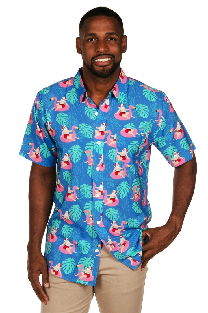 Tipsy Elves Men's Santa Pool Party Button Down Shirt 4 Tipsy Elves Men's Santa Pool Party Button Down Shirt