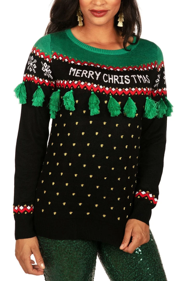 Tipsy Elves Women's Christmas Tree Tassel Ugly Christmas Sweater 4 Tipsy Elves Women's Christmas Tree Tassel Ugly Christmas Sweater