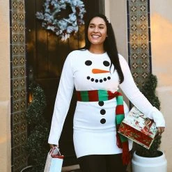 Tipsy Elves Women's Snowman Scarf Sweater Dress