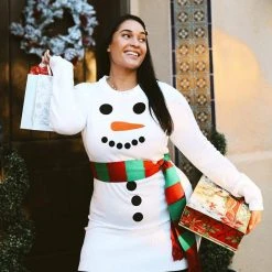 Tipsy Elves Women's Snowman Scarf Sweater Dress