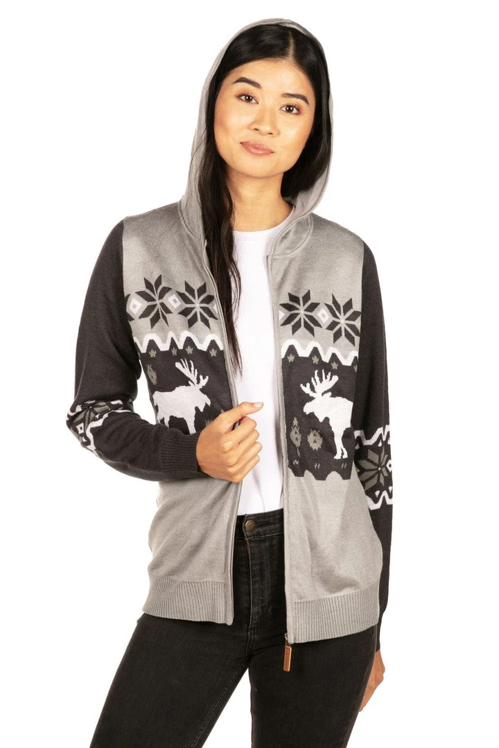 Tipsy Elves Women's Winter Moose Zip Up Hooded Sweater 4 Tipsy Elves Women's Winter Moose Zip Up Hooded Sweater