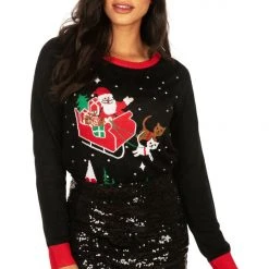 Tipsy Elves Women's Meowy Christmas Sleigh Light Up Ugly Christmas Sweater