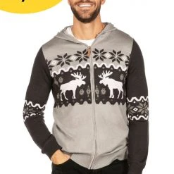 Tipsy Elves Men's Winter Moose Zip Up Hooded Sweater