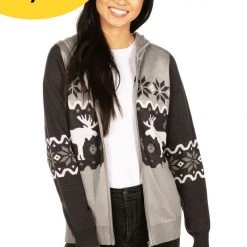 Tipsy Elves Women's Winter Moose Zip Up Hooded Sweater