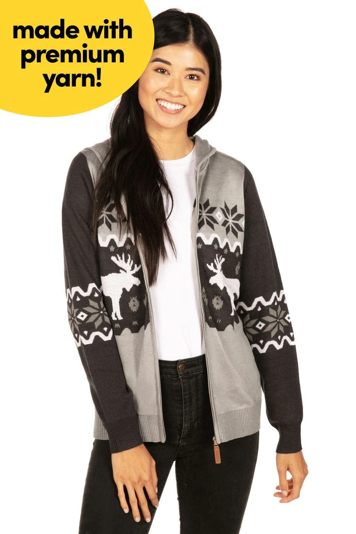 Tipsy Elves Women's Winter Moose Zip Up Hooded Sweater 3 Tipsy Elves Women's Winter Moose Zip Up Hooded Sweater