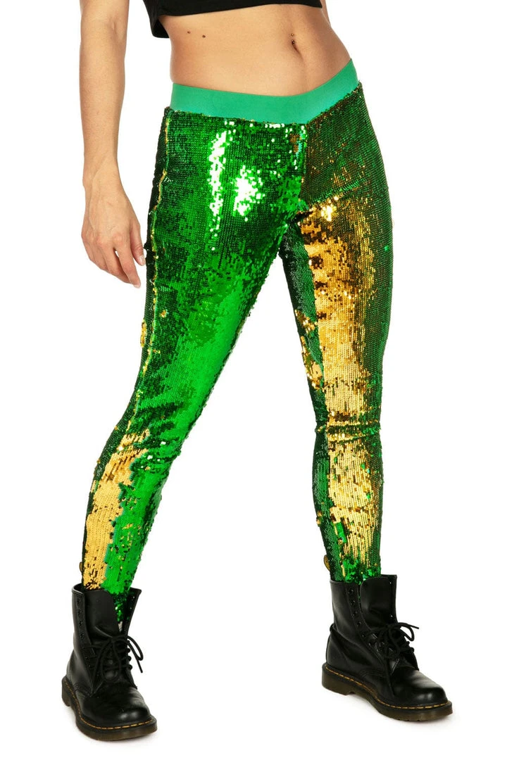 Tipsy Elves Women Green And Gold Reversible Sequin Mid-Waisted Leggings 4 Tipsy Elves Women Green And Gold Reversible Sequin Mid-Waisted Leggings