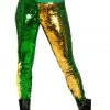 Tipsy Elves Women Green And Gold Reversible Sequin Mid-Waisted Leggings