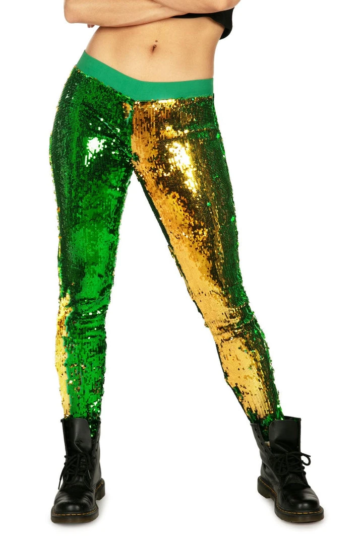 Tipsy Elves Women Green And Gold Reversible Sequin Mid-Waisted Leggings 3 Tipsy Elves Women Green And Gold Reversible Sequin Mid-Waisted Leggings