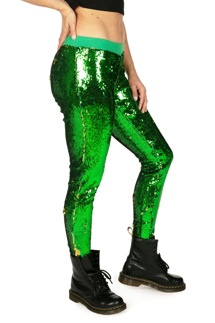 Tipsy Elves Women Green And Gold Reversible Sequin Mid-Waisted Leggings 5 Tipsy Elves Women Green And Gold Reversible Sequin Mid-Waisted Leggings