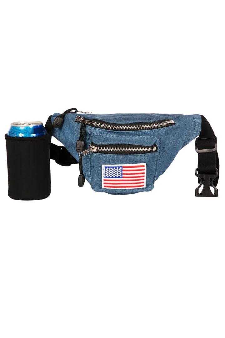 Tipsy Elves Blue Jean Buckle Fanny Pack With Drink Holder 3 Tipsy Elves Blue Jean Buckle Fanny Pack With Drink Holder