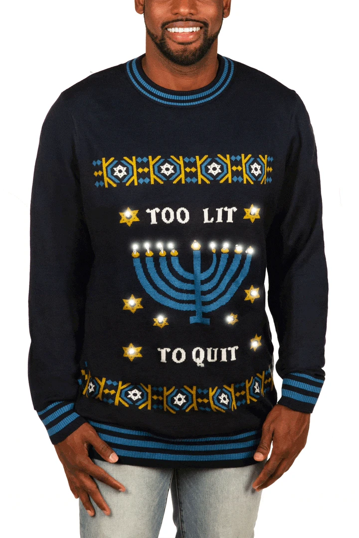 Tipsy Elves Men's Too Lit To Quit Light Up Ugly Hanukkah Sweater 3 Tipsy Elves Men's Too Lit To Quit Light Up Ugly Hanukkah Sweater