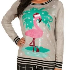 Tipsy Elves Women's Sequin Flamingo Ugly Christmas Sweater