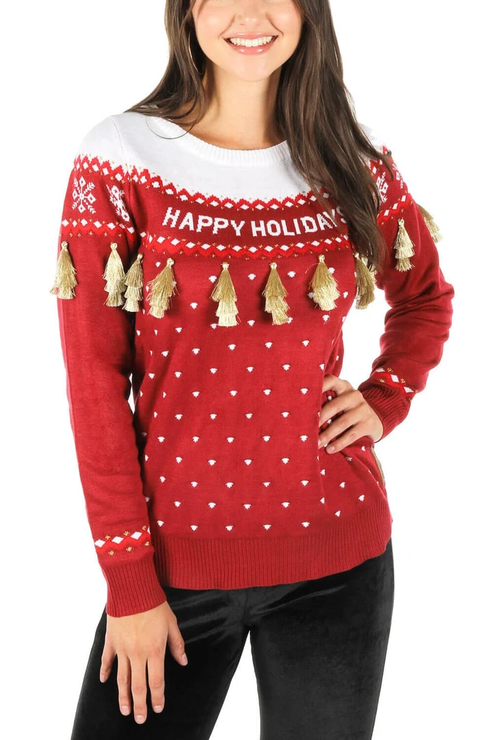 Tipsy Elves Women's Happy Holidays Tassel Ugly Christmas Sweater 4 Tipsy Elves Women's Happy Holidays Tassel Ugly Christmas Sweater